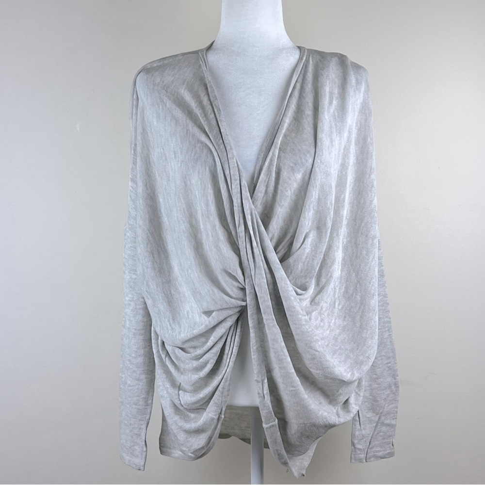 Bobi Black | Lightweight Twisted Front Cotton Blend Heather Grey Sweater